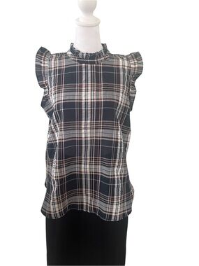 LOFT Black and Cream Plaid Ruffle Mock-Neck Camisole